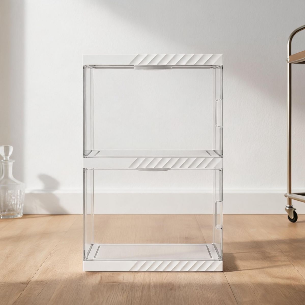 White Stackable Wine Cabinet With LED Light 16"W x 13"D x 25"H, 2-Tier Clear Bottle Display Cabinet-Tuwine