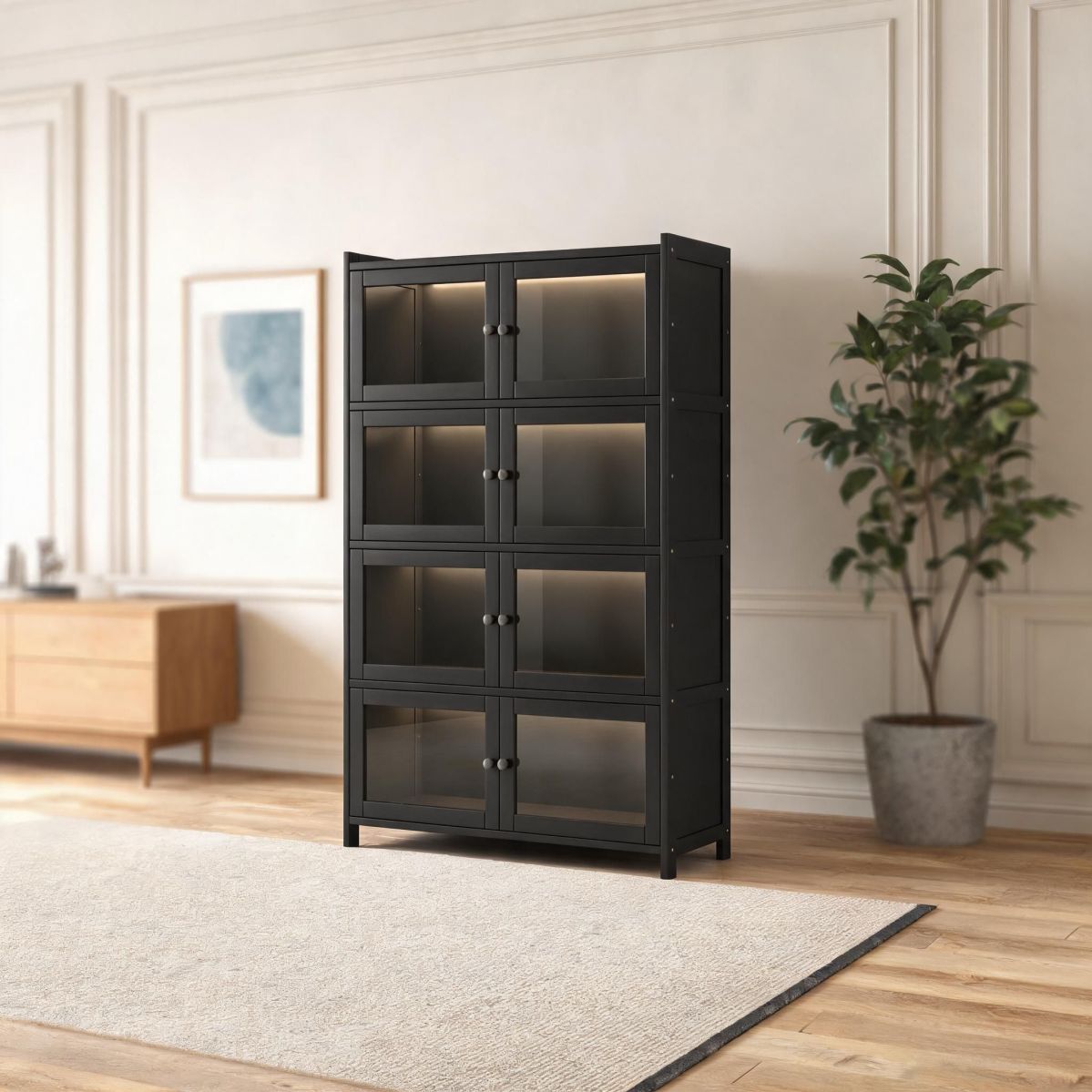 31" Wide Bamboo Wine Cabinet, 5 Tier Freestanding Storage Cabinet with Acrylic Doors and Stemware Holder-Tuwine