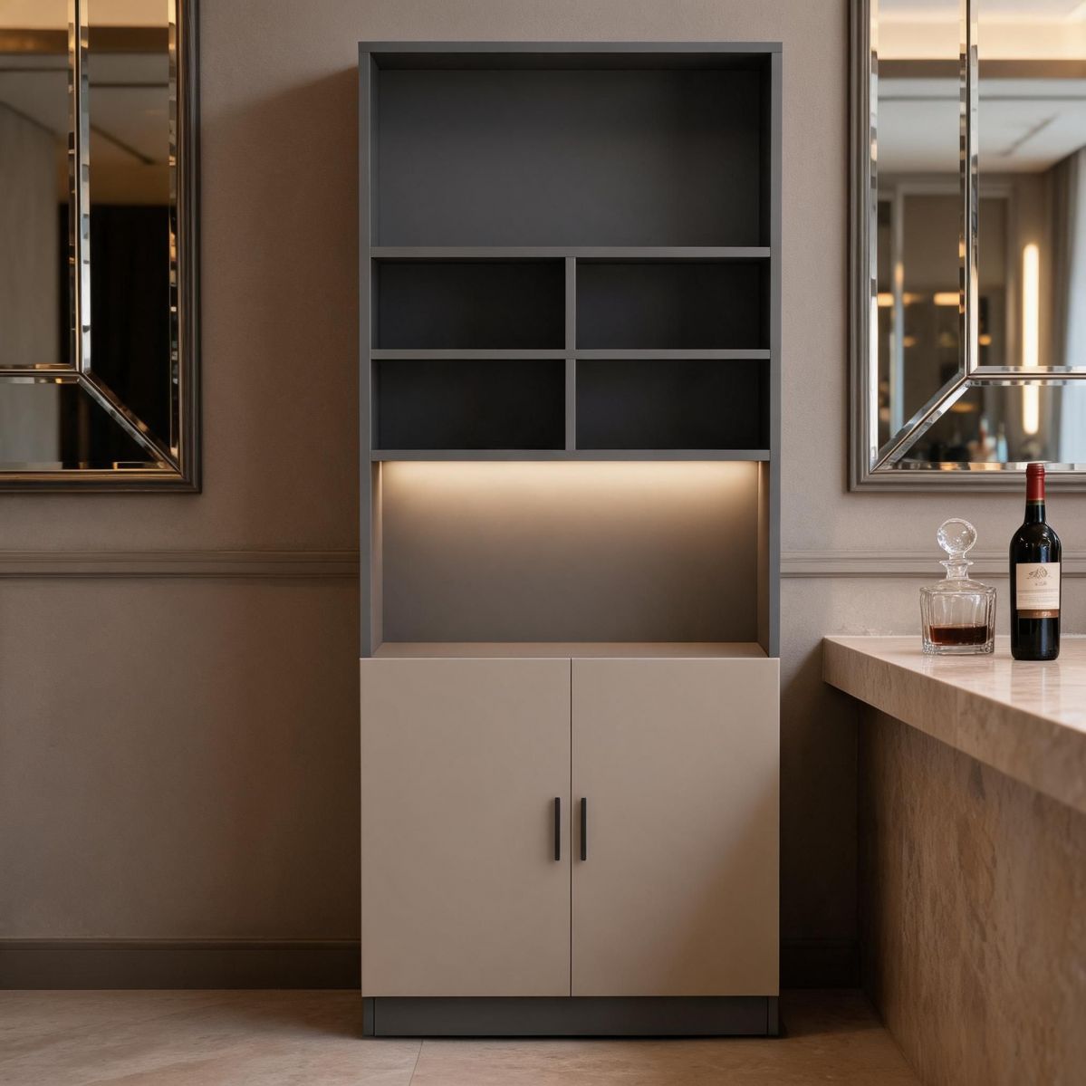 Slim 79"H Wine Cabinet with Built-In Lighting, Open Shelves and 2-Door Lower Storage, 24"W x 9"D, Gray-Tuwine