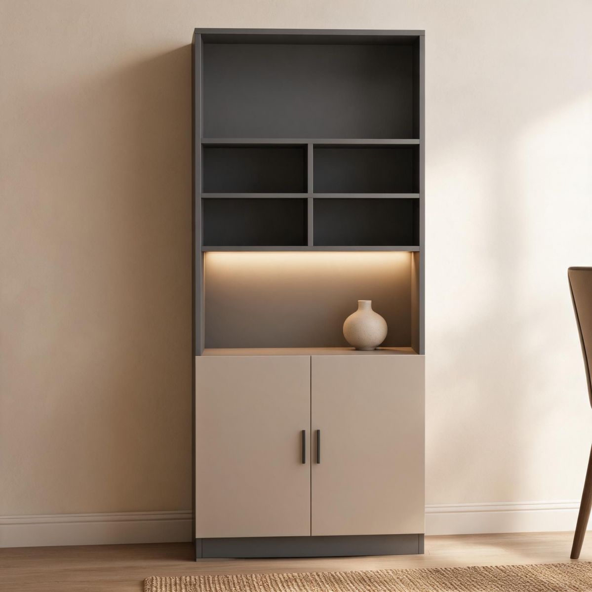 Slim 79"H Wine Cabinet with Built-In Lighting, Open Shelves and 2-Door Lower Storage, 24"W x 9"D, Gray-Tuwine