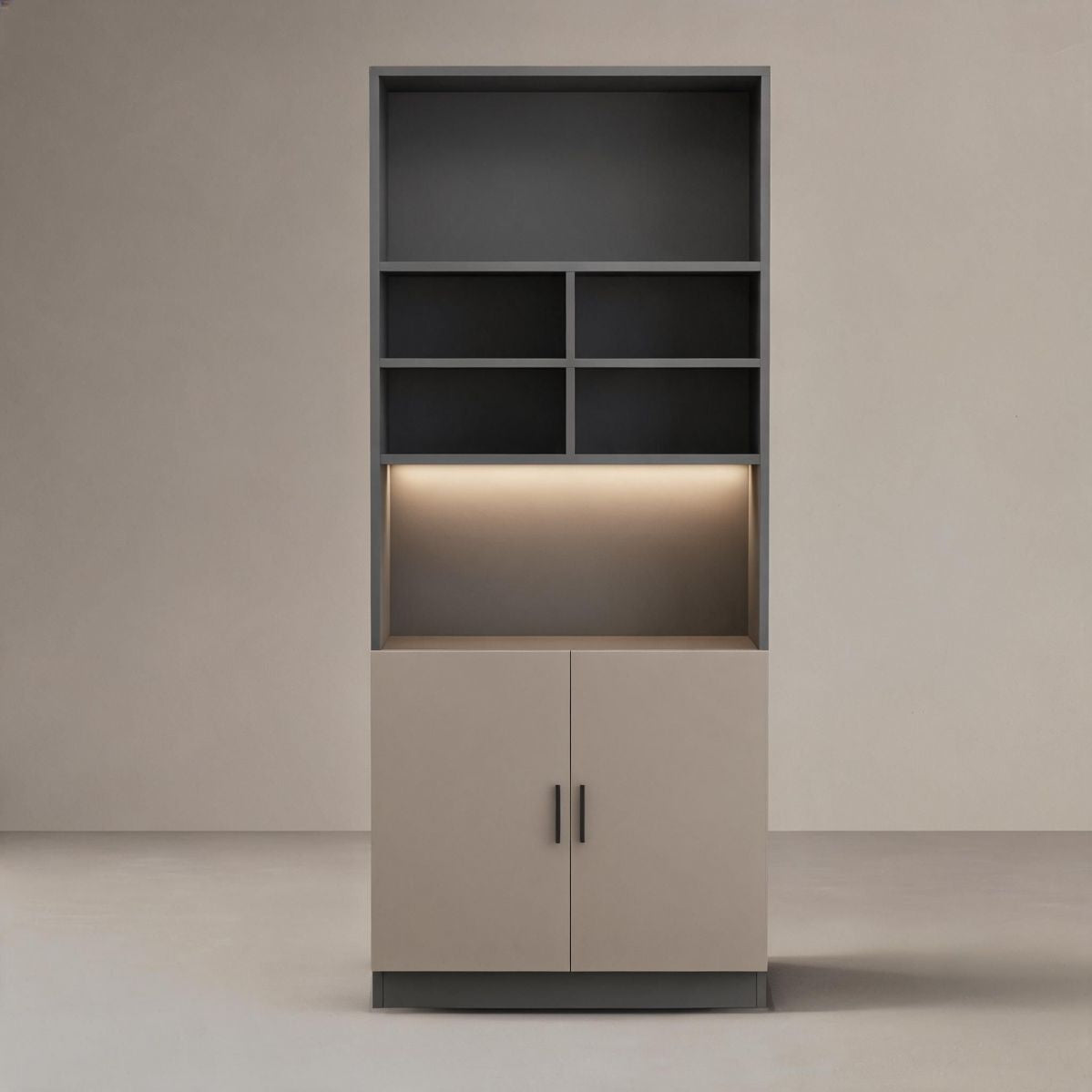 Slim 79"H Wine Cabinet with Built-In Lighting, Open Shelves and 2-Door Lower Storage, 24"W x 9"D, Gray-Tuwine