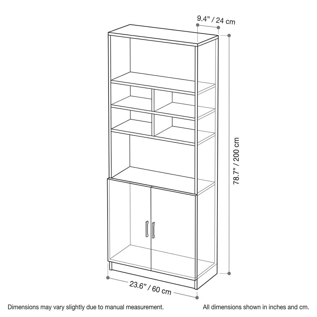 Slim 79"H Wine Cabinet with Built-In Lighting, Open Shelves and 2-Door Lower Storage, 24"W x 9"D, Gray-Tuwine