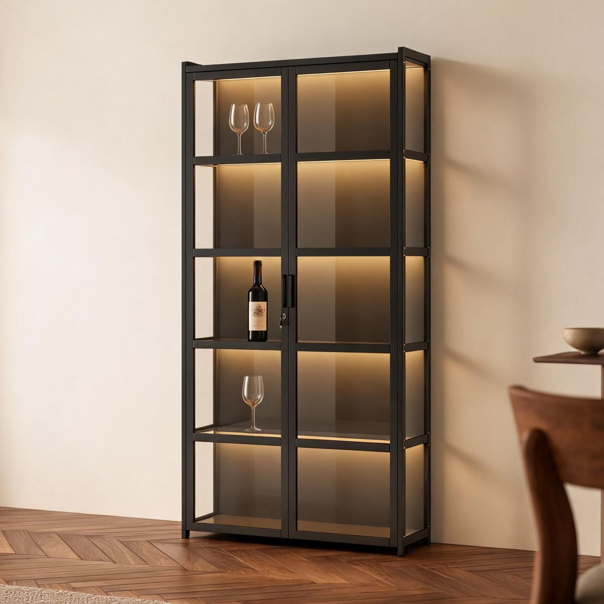 24" Wide 6-Tier Lockable Wine Cabinet with Clear Panel Doors, Stemware Rack, Bamboo Frame and Tall Bottle Storage, No Lighting-Tuwine