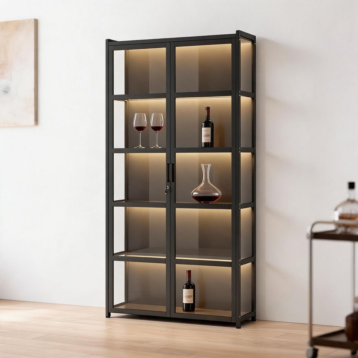 24" Wide 6-Tier Lockable Wine Cabinet with Clear Panel Doors, Stemware Rack, Bamboo Frame and Tall Bottle Storage, No Lighting-Tuwine