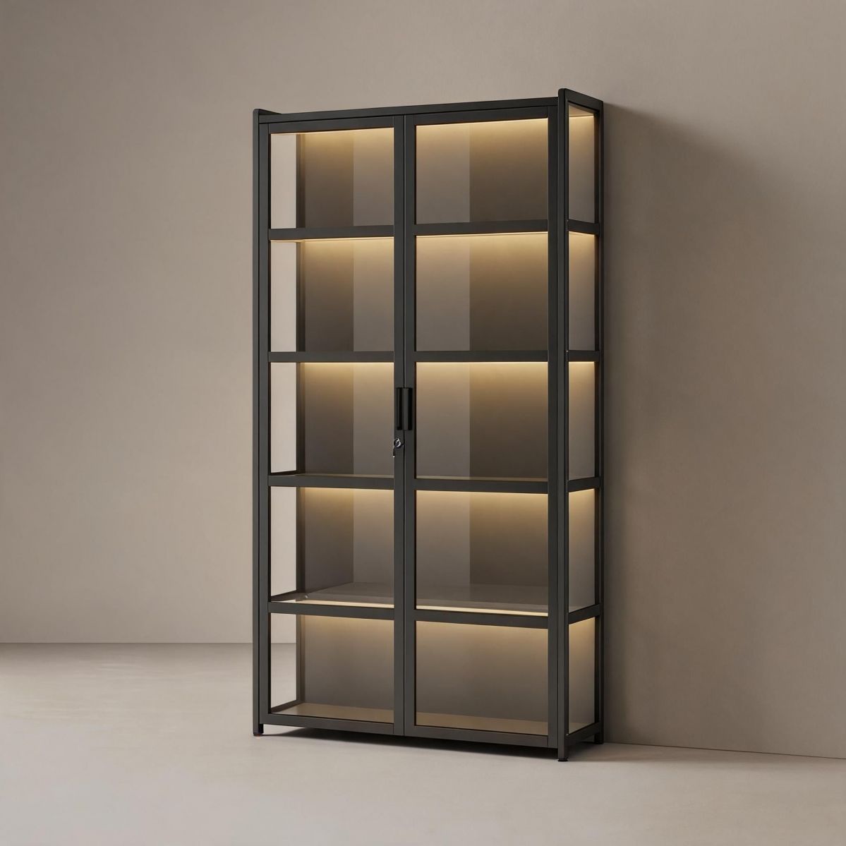 24" Wide 6-Tier Lockable Wine Cabinet with Clear Panel Doors, Stemware Rack, Bamboo Frame and Tall Bottle Storage, No Lighting-Tuwine
