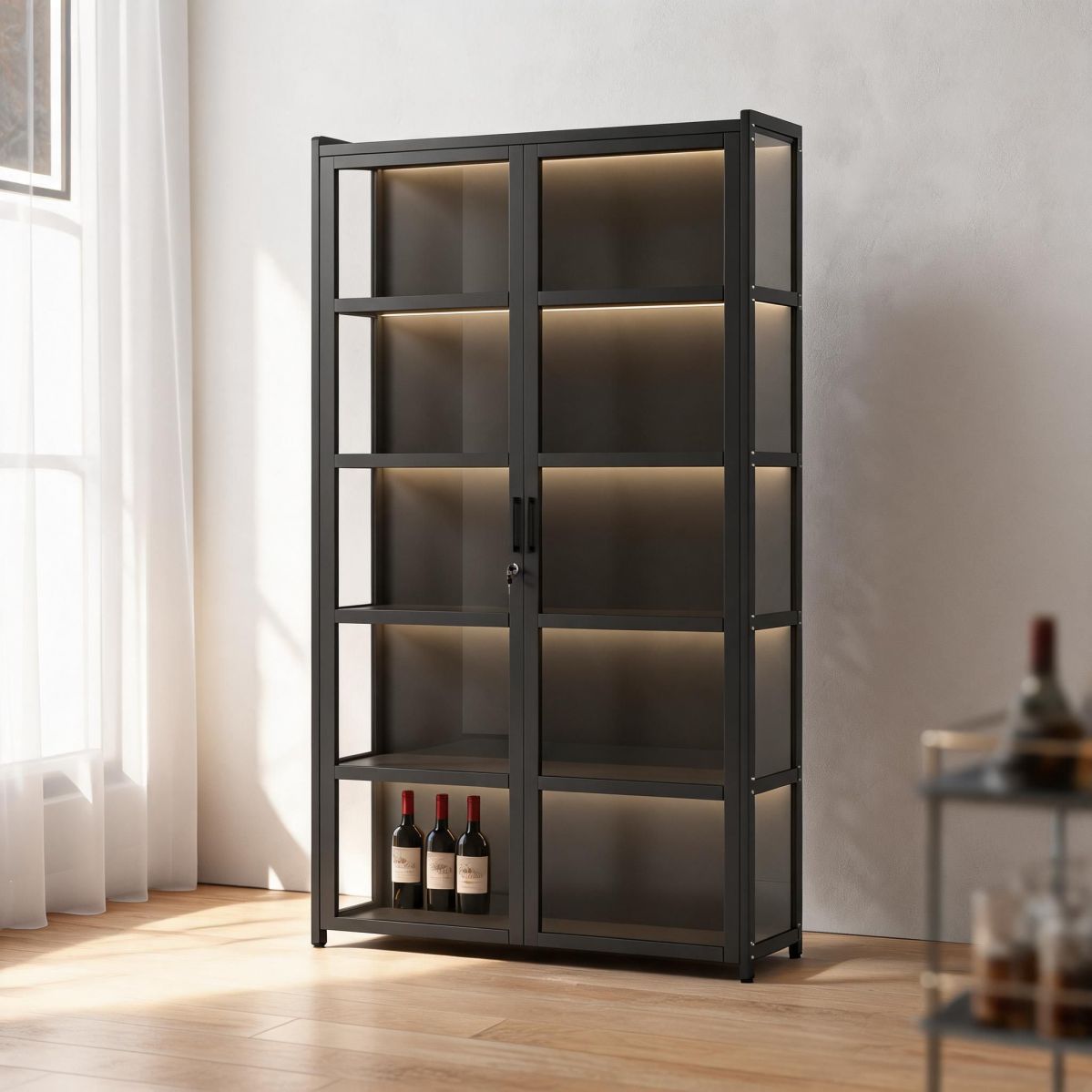 24" Wide 6-Tier Lockable Wine Cabinet with Clear Panel Doors, Stemware Rack, Bamboo Frame and Tall Bottle Storage, No Lighting-Tuwine