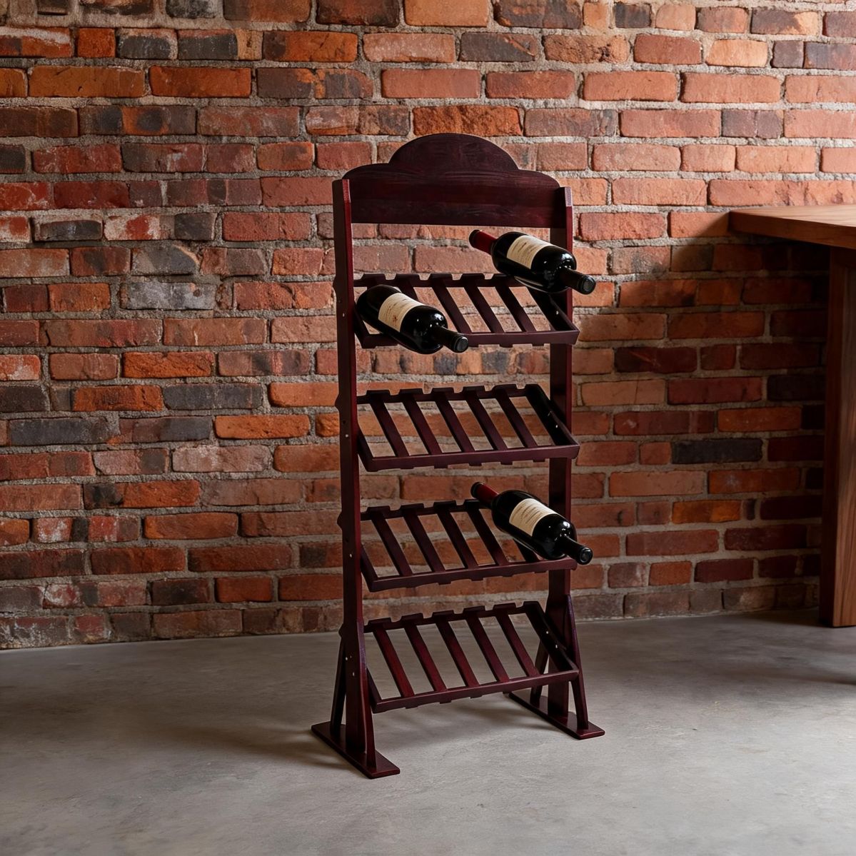Mahogany 24 Bottle Wine Rack Stand with Plum Blossom Top, Freestanding Pine Bottle Storage Shelf for Dining or Bar Area-Tuwine