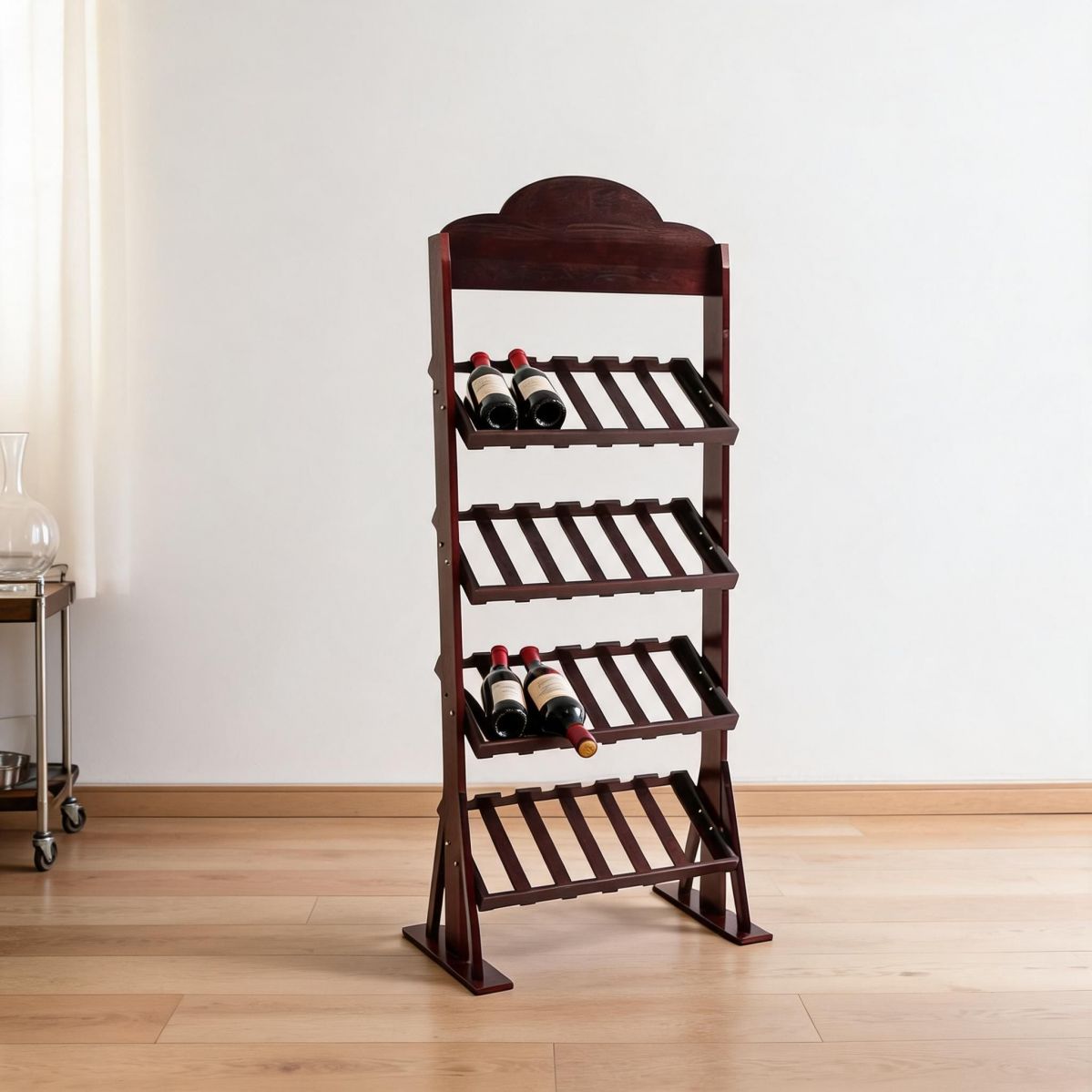 Mahogany 24 Bottle Wine Rack Stand with Plum Blossom Top, Freestanding Pine Bottle Storage Shelf for Dining or Bar Area-Tuwine