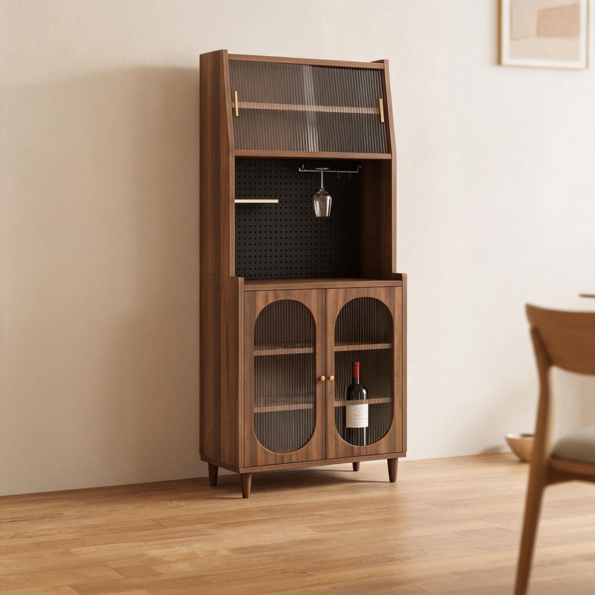 31"W x 16"D x 73"H Tall Wine Cabinet with Hutch Storage, Ribbed Glass Doors, Drawers, and Pegboard Kitchen Organizer-Tuwine