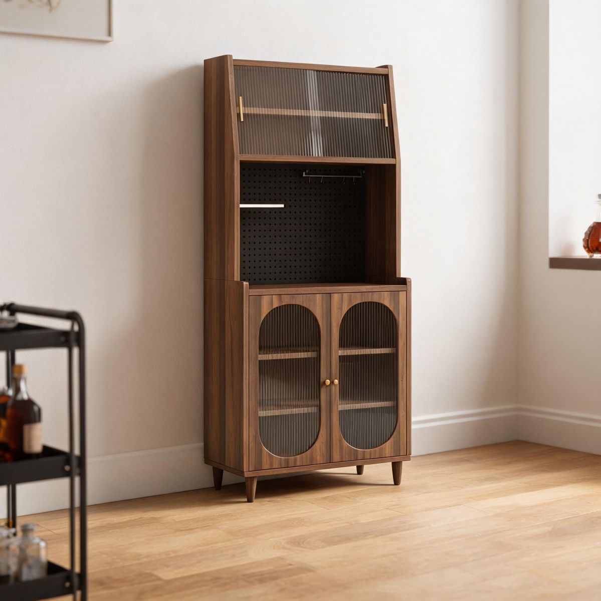 31"W x 16"D x 73"H Tall Wine Cabinet with Hutch Storage, Ribbed Glass Doors, Drawers, and Pegboard Kitchen Organizer-Tuwine