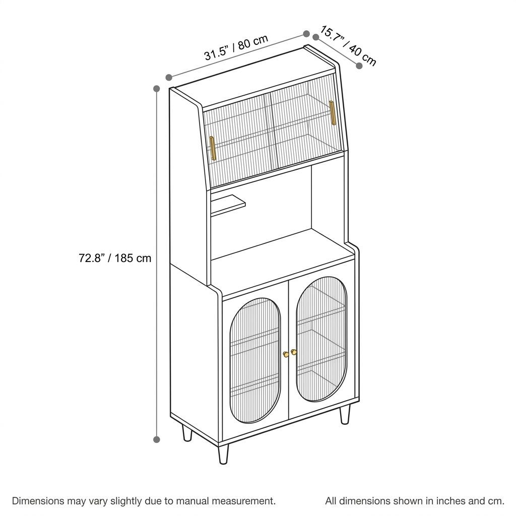 31"W x 16"D x 73"H Tall Wine Cabinet with Hutch Storage, Ribbed Glass Doors, Drawers, and Pegboard Kitchen Organizer-Tuwine