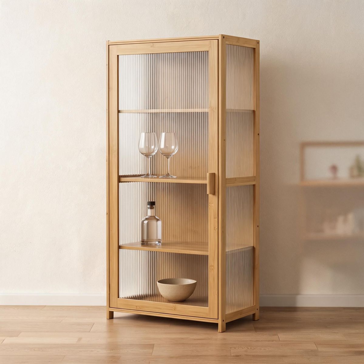 4-Tier Natural Bamboo Wine Cabinet with Fluted Acrylic Door Panels and Adjustable Shelves for Vertical Kitchen or Dining Storage-Tuwine