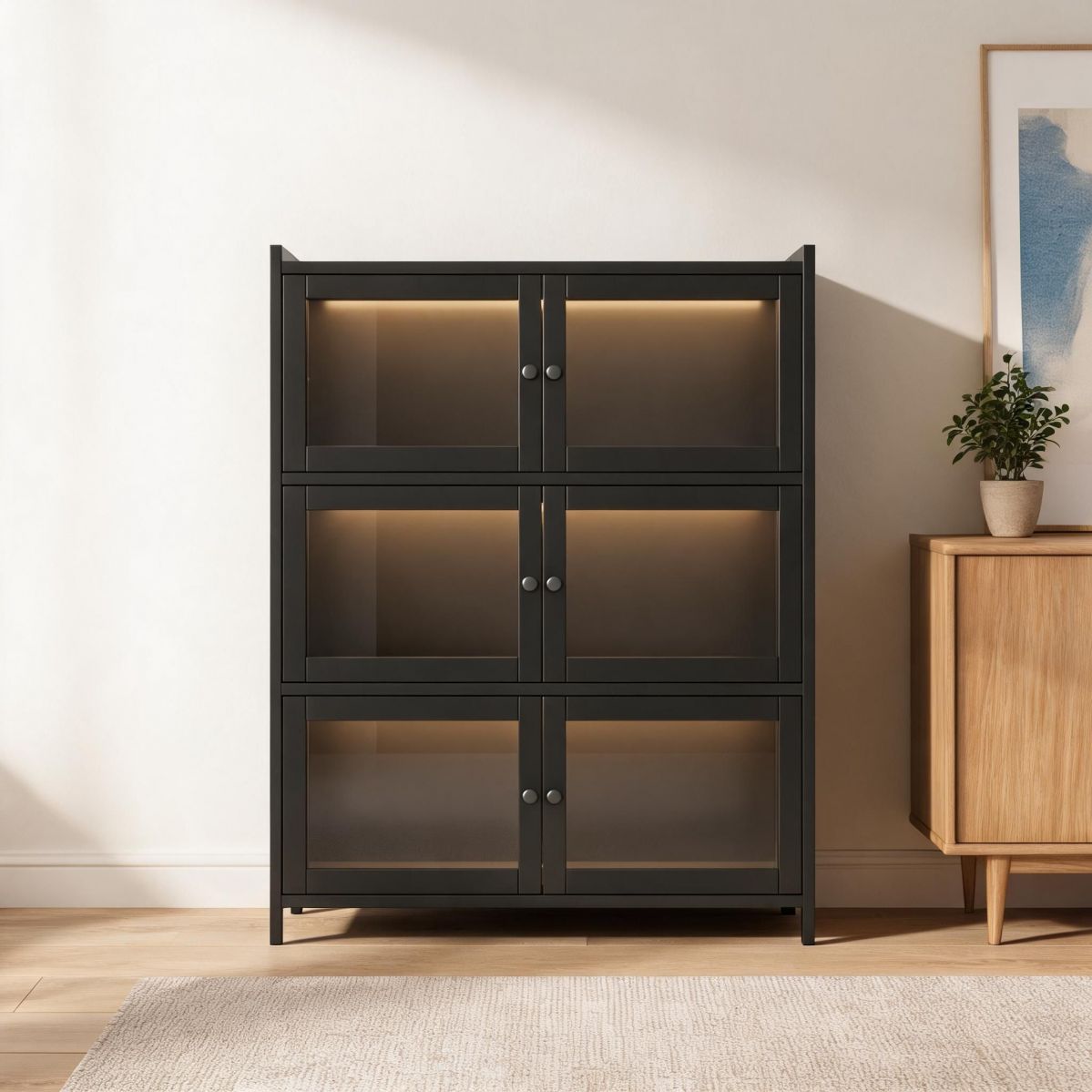31" Wide Bamboo Wine Cabinet, 5 Tier Freestanding Storage Cabinet with Acrylic Doors and Stemware Holder-Tuwine