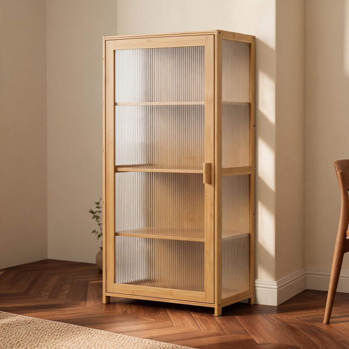 4-Tier Natural Bamboo Wine Cabinet with Fluted Acrylic Door Panels and Adjustable Shelves for Vertical Kitchen or Dining Storage-Tuwine