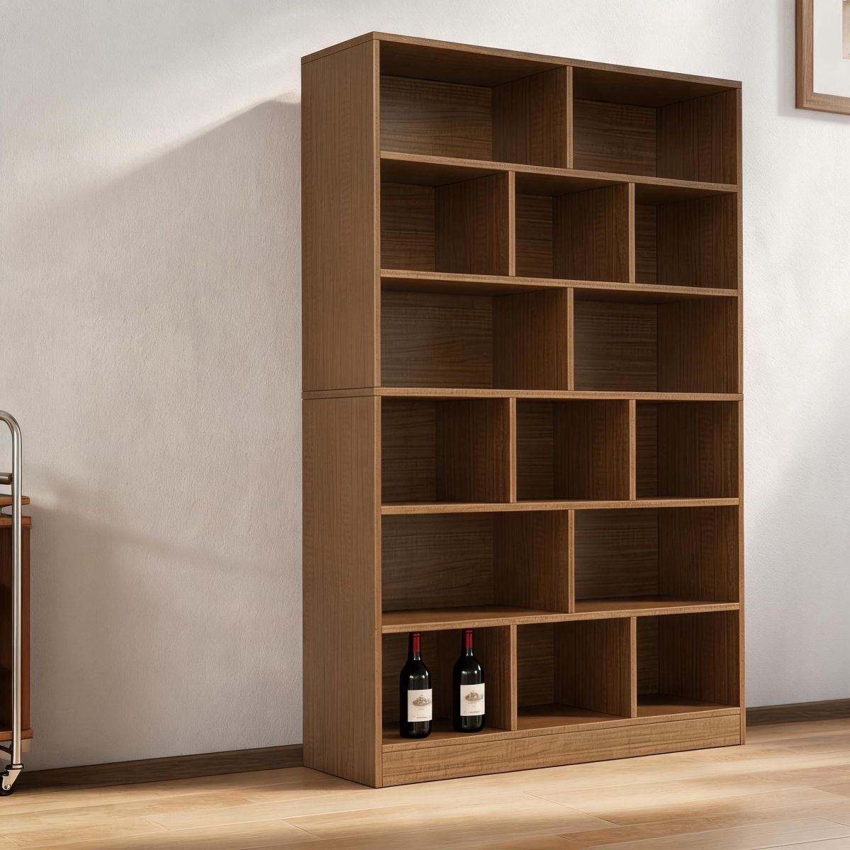 39" Brushed Black Oak Open Wine Cabinet, Wide Freestanding Storage Shelf for Bottles, Glassware, and Decor-Tuwine