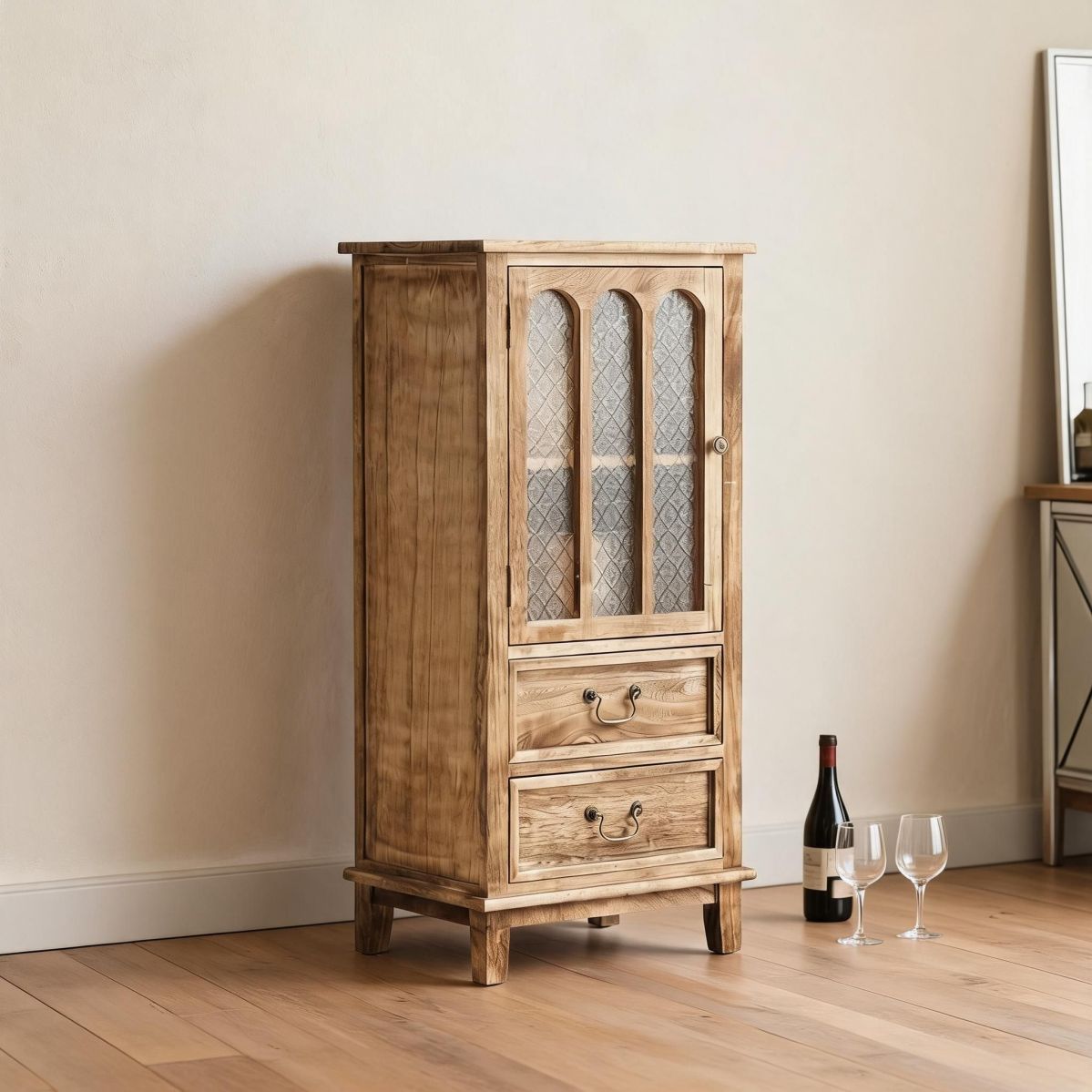 18"W x 14"D x 38"H Rustic Light Wood Wine Cabinet with Glass Door, 2 Drawers, and Narrow Storage for Dining Room or Kitchen-Tuwine