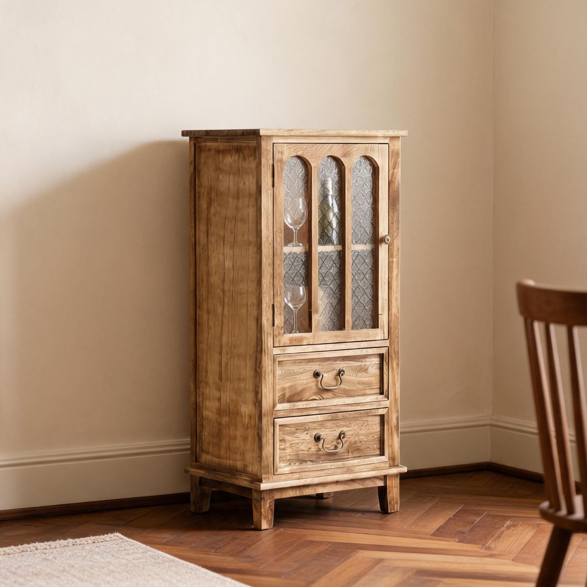 18"W x 14"D x 38"H Rustic Light Wood Wine Cabinet with Glass Door, 2 Drawers, and Narrow Storage for Dining Room or Kitchen-Tuwine