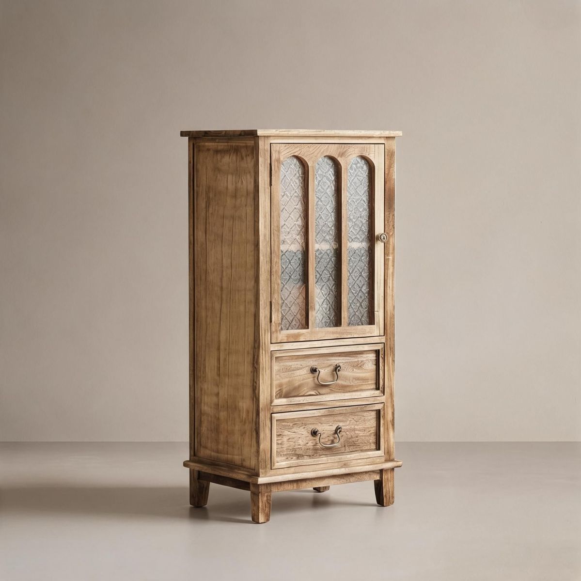 18"W x 14"D x 38"H Rustic Light Wood Wine Cabinet with Glass Door, 2 Drawers, and Narrow Storage for Dining Room or Kitchen-Tuwine