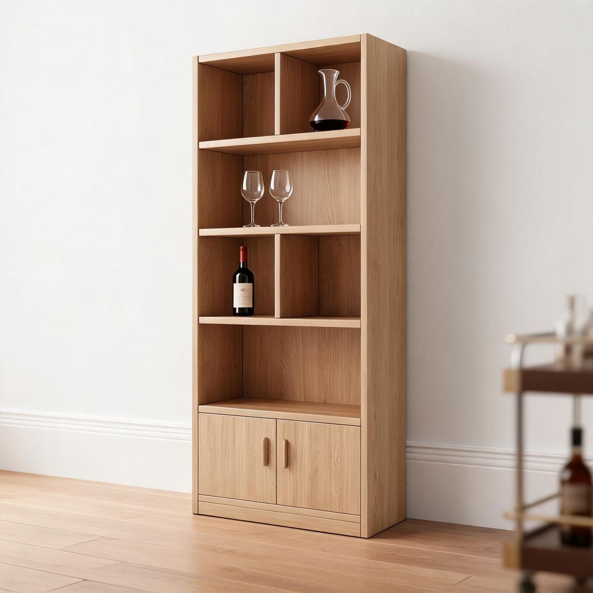24"W x 12"D x 71"H Natural Tall Wine Cabinet with Open Display Shelves and 2-Door Lower Storage for Dining Room or Bar Area-Tuwine
