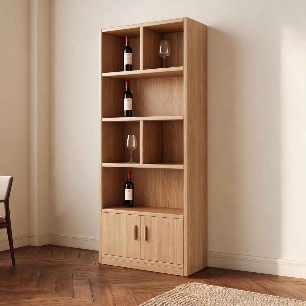 24"W x 12"D x 71"H Natural Tall Wine Cabinet with Open Display Shelves and 2-Door Lower Storage for Dining Room or Bar Area-Tuwine