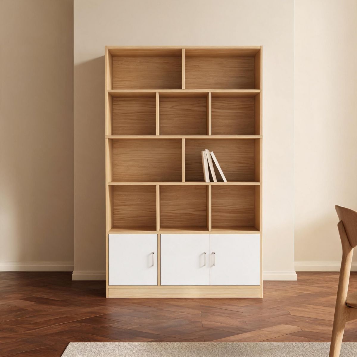 39" Wine Cabinet Bookcase Style Bar Storage Unit in Pastoral Oak with Open Shelves and 3 Lower Doors-Tuwine