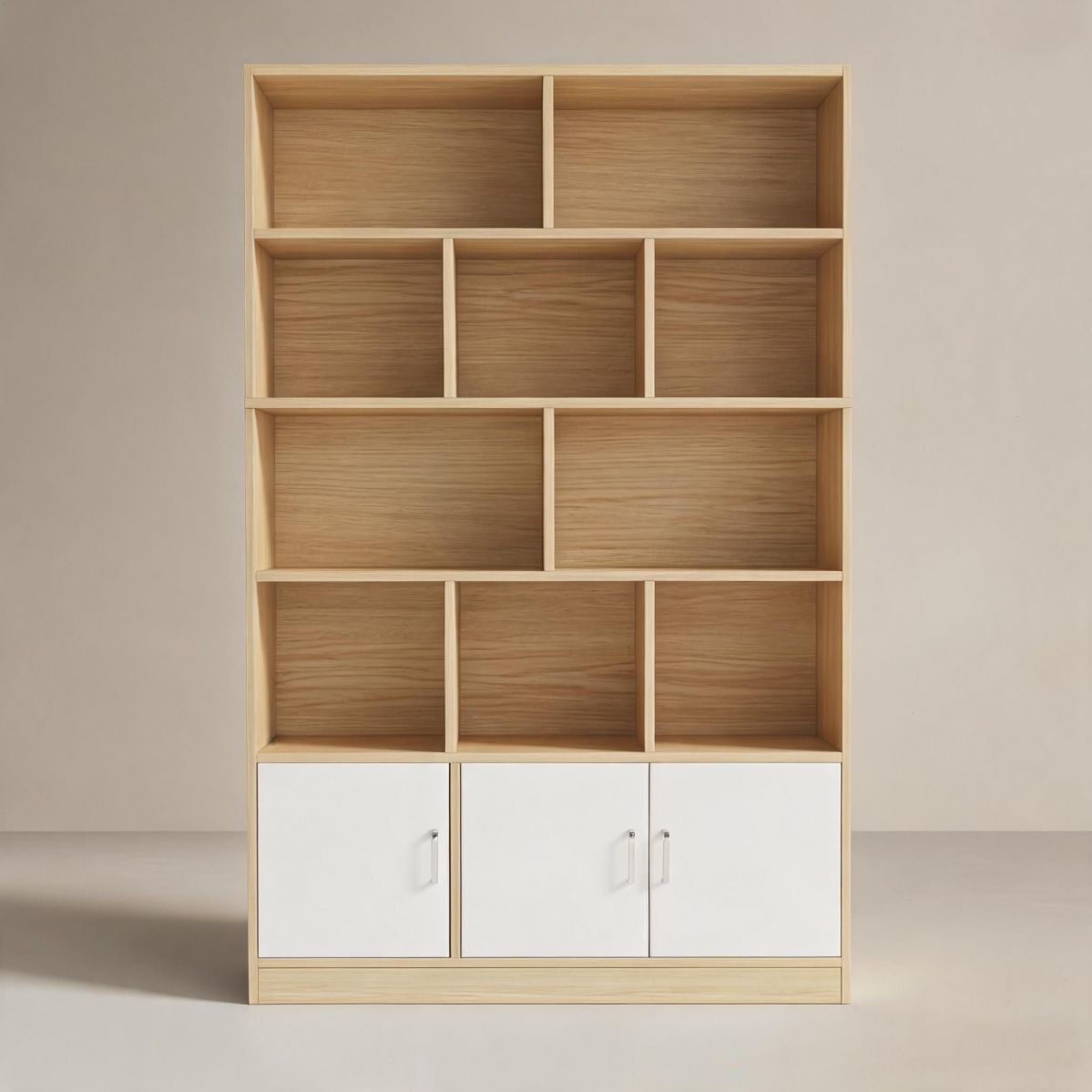 39" Wine Cabinet Bookcase Style Bar Storage Unit in Pastoral Oak with Open Shelves and 3 Lower Doors-Tuwine