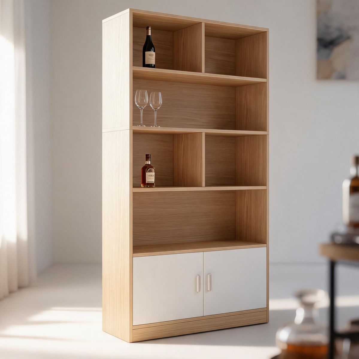 39" Wine Cabinet Bookcase Style Bar Storage Unit in Pastoral Oak with Open Shelves and 3 Lower Doors-Tuwine
