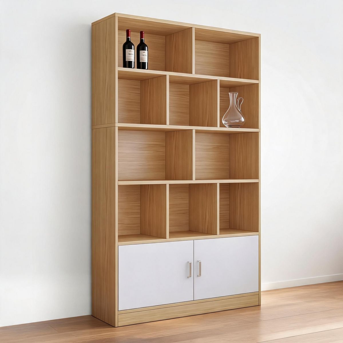 39" Rustic Oak Wine Cabinet with Display Cubbies and Bottom Doors, Modern Manufactured Wood Storage Cabinet for Entertaining-Tuwine