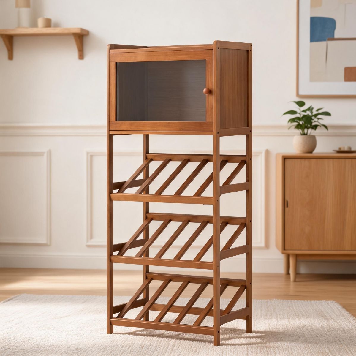 Bamboo Wine Cabinet with Wine Grid Storage, 4-Tier Freestanding Bottle Rack with Acrylic Door and Top Shelf, Walnut-Tuwine