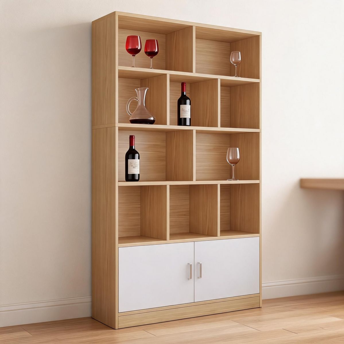 39" Rustic Oak Wine Cabinet with Display Cubbies and Bottom Doors, Modern Manufactured Wood Storage Cabinet for Entertaining-Tuwine