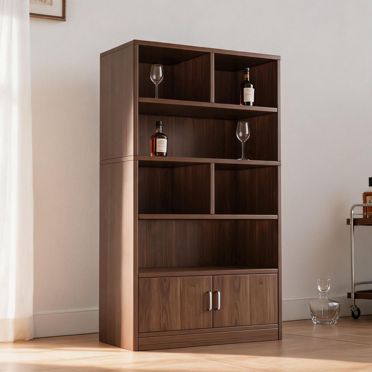 24"W x 9"D x 71"H Narrow 2-Door Wine Cabinet with Open Display Shelves and Lower Storage, Engineered Wood Bar Cabinet-Tuwine