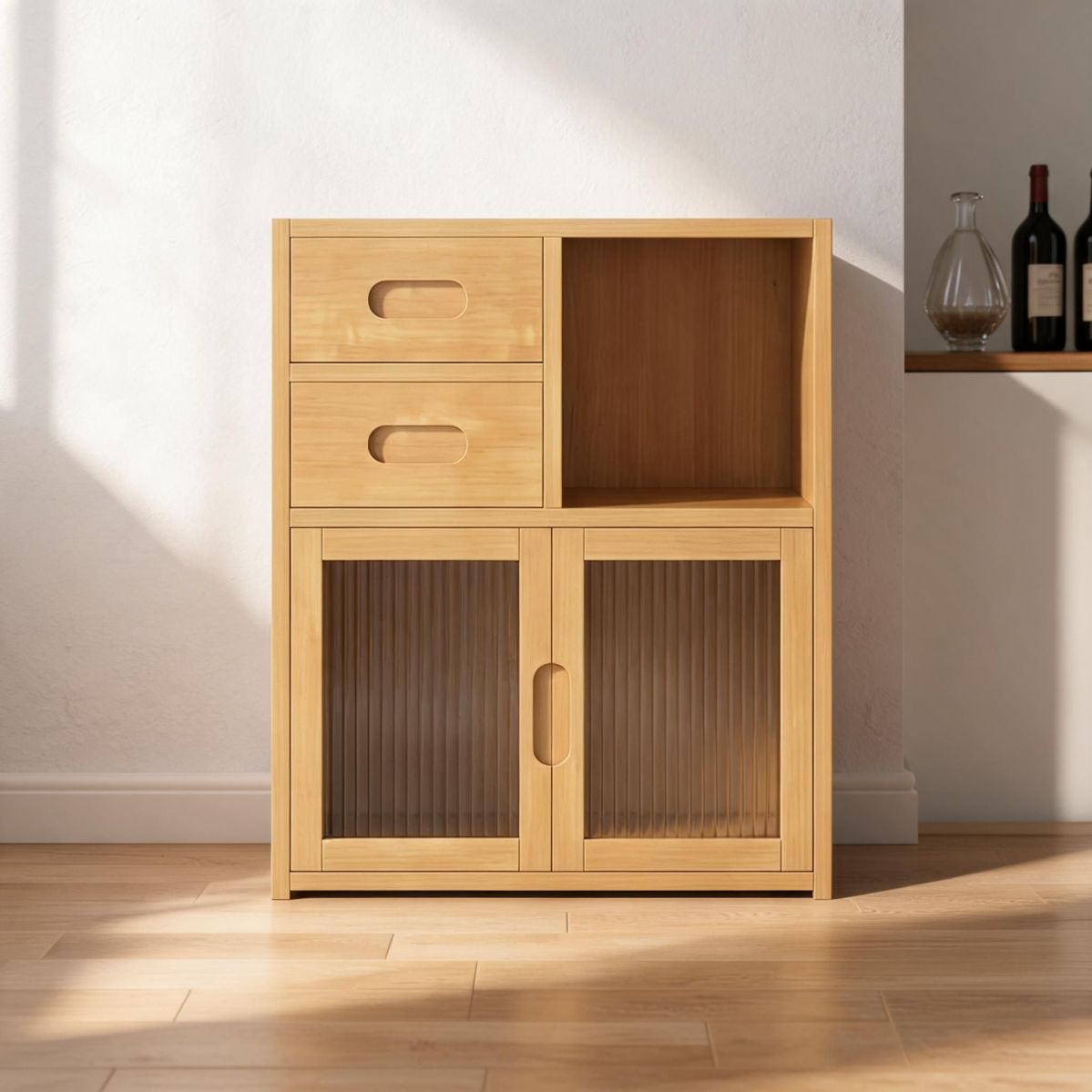 17" Bamboo Wine Cabinet with 2 Fluted Sliding Doors and 2 Drawers, Narrow Countertop Bar Storage Cabinet with Open Shelf-Tuwine
