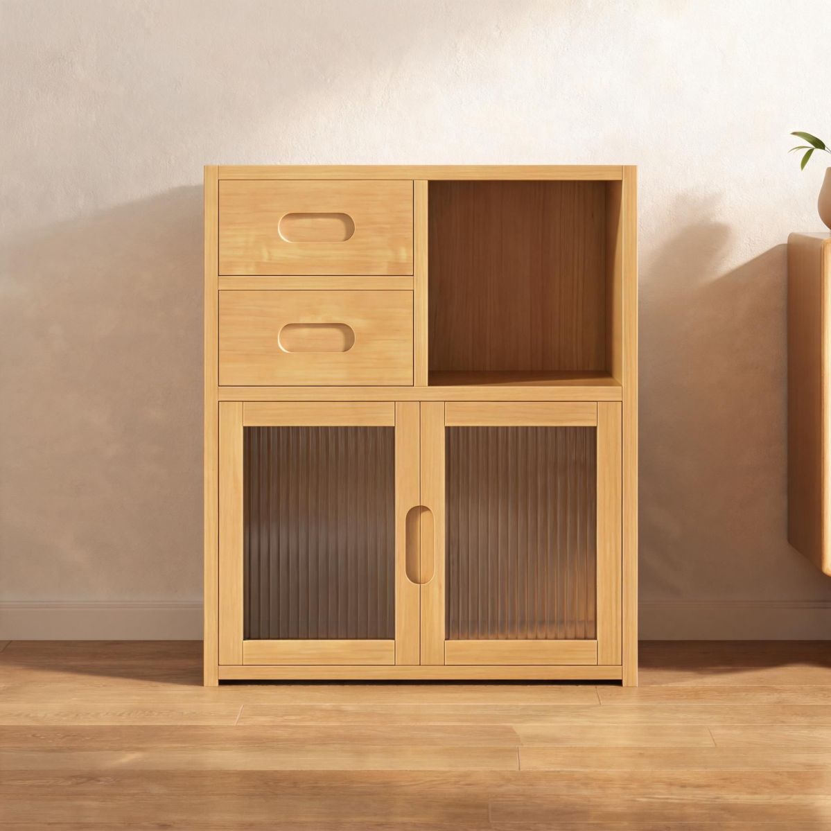 17" Bamboo Wine Cabinet with 2 Fluted Sliding Doors and 2 Drawers, Narrow Countertop Bar Storage Cabinet with Open Shelf-Tuwine