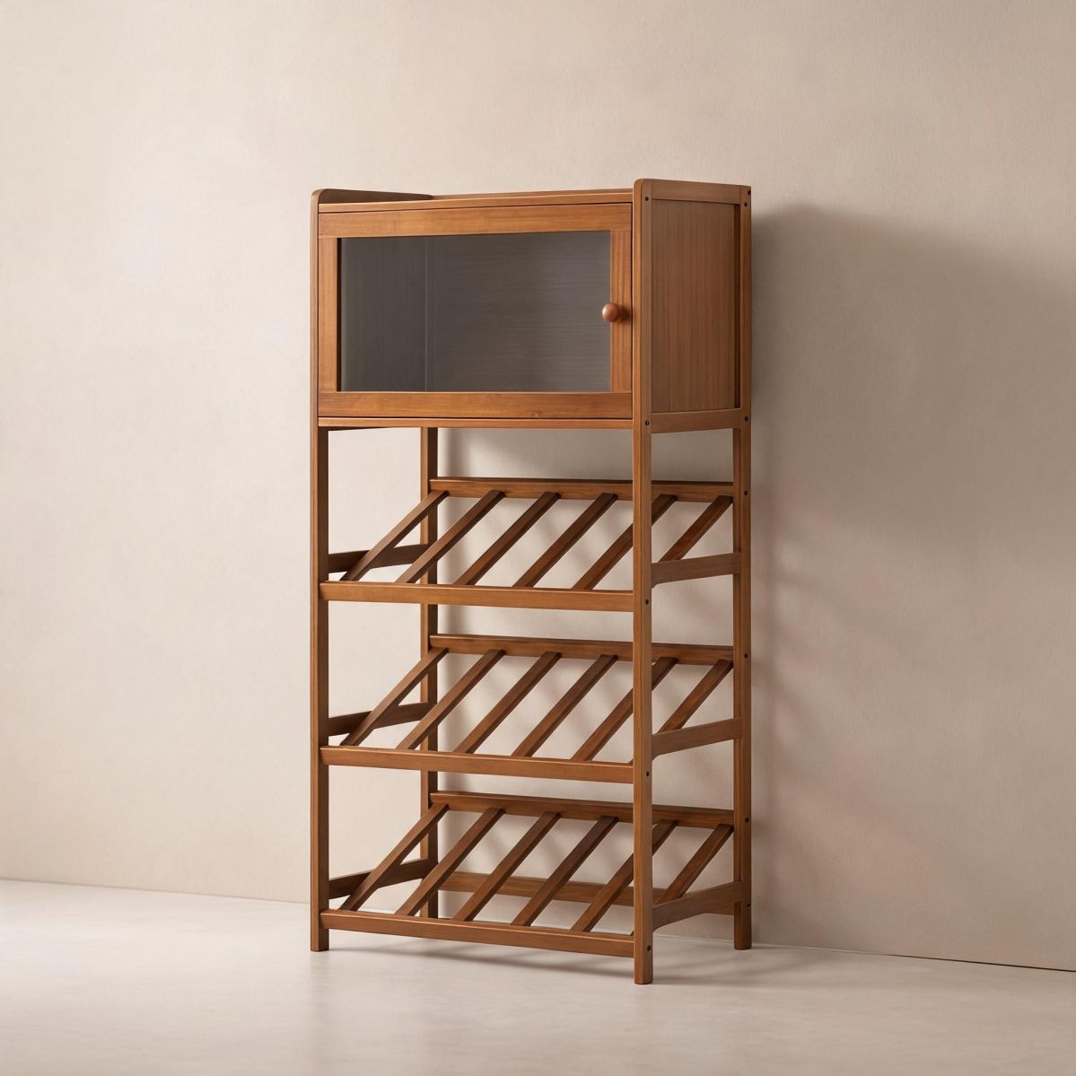 Bamboo Wine Cabinet with Wine Grid Storage, 4-Tier Freestanding Bottle Rack with Acrylic Door and Top Shelf, Walnut-Tuwine