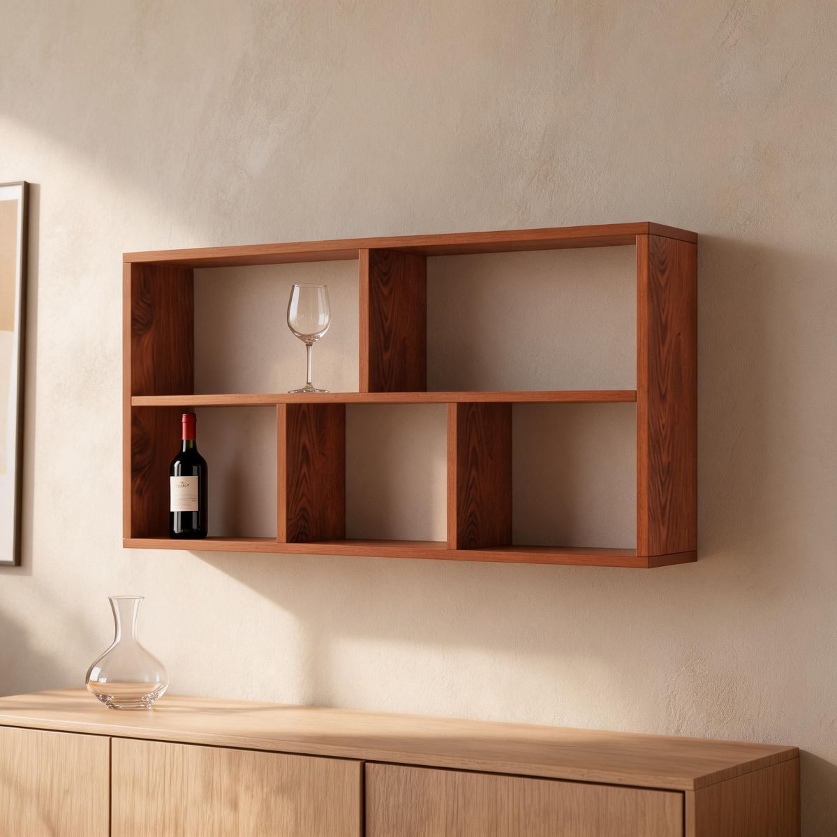 31"W x 8"D x 39"H 3-Tier Narrow Wall Shelf in Light Walnut with Open Wine Bottle Display Cubbies for Small Space Kitchen or Dining Wall-Tuwine