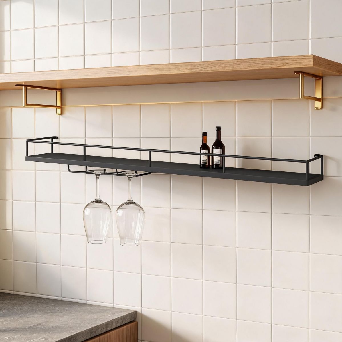 39" Black Wall Mounted Metal Wine Rack Shelf with LED Lighting, Standard Bottle Storage for Kitchen, Dining Room, or Bar-Tuwine