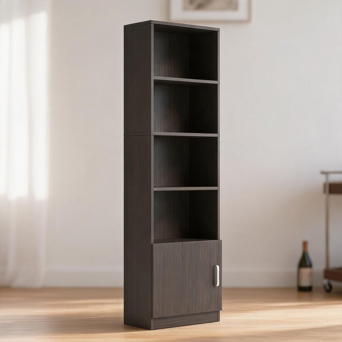 24"W x 9"D x 79"H Narrow Wine Cabinet for Small Spaces with Open Bottle Shelves and Lower Door, Black-Tuwine