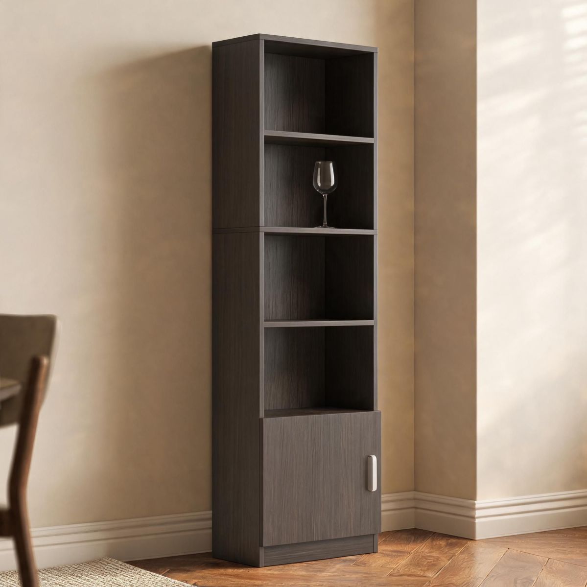 24"W x 9"D x 79"H Narrow Wine Cabinet for Small Spaces with Open Bottle Shelves and Lower Door, Black-Tuwine
