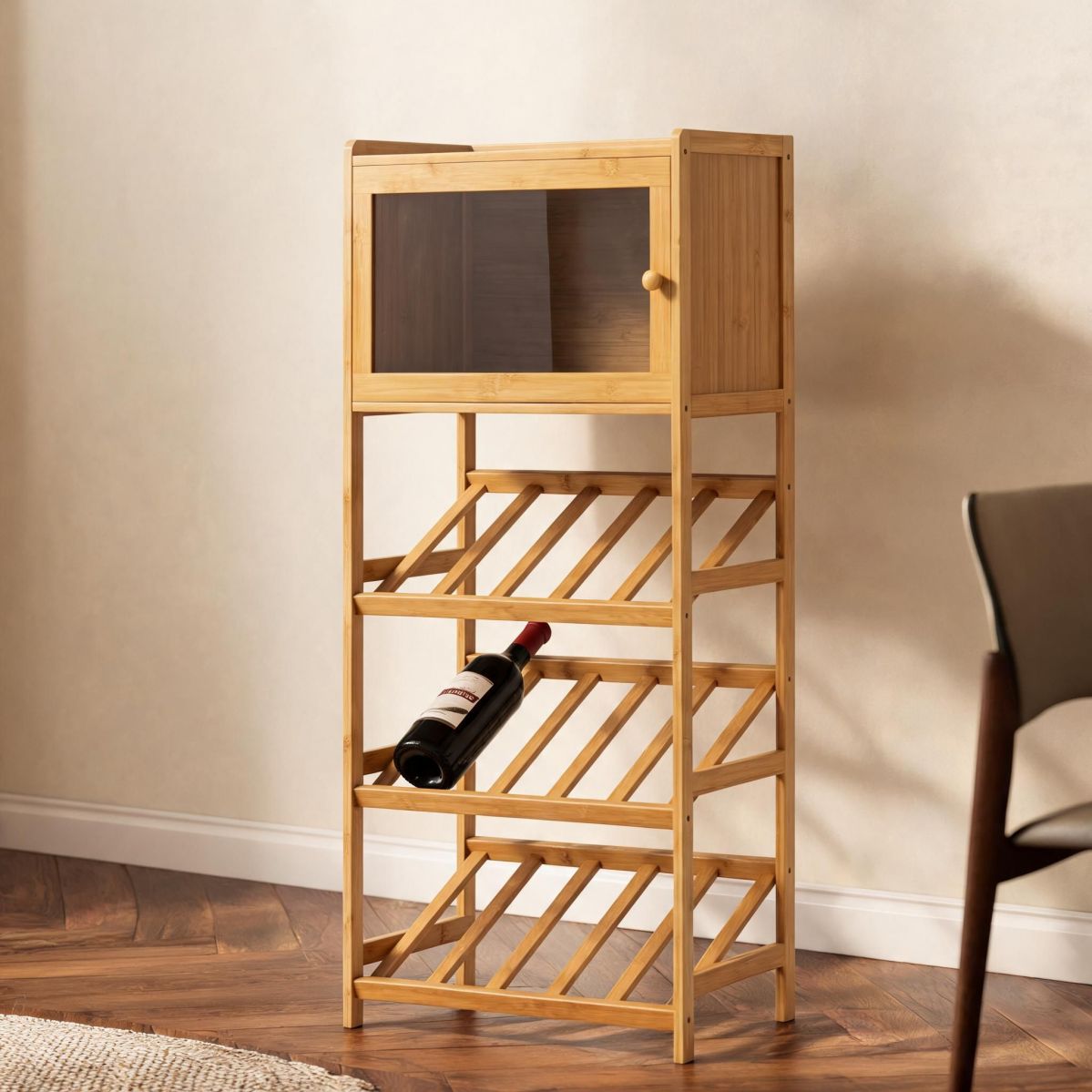 4-Tier Natural Bamboo Wine Cabinet with Acrylic Door, Tall Open Bottle Rack Storage, and Top Shelf for Dining Room or Bar Area-Tuwine