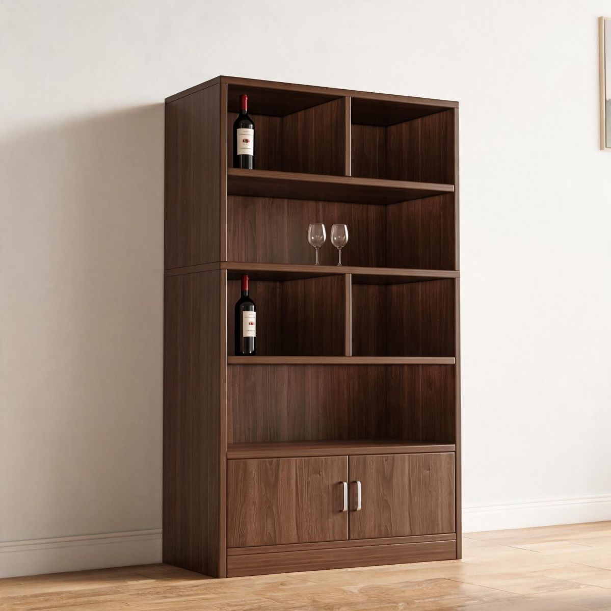 24"W x 9"D x 71"H Tall Wine Cabinet with Open Display Shelves and 2-Door Lower Storage, Particleboard Floor-Standing Bar Cabinet-Tuwine