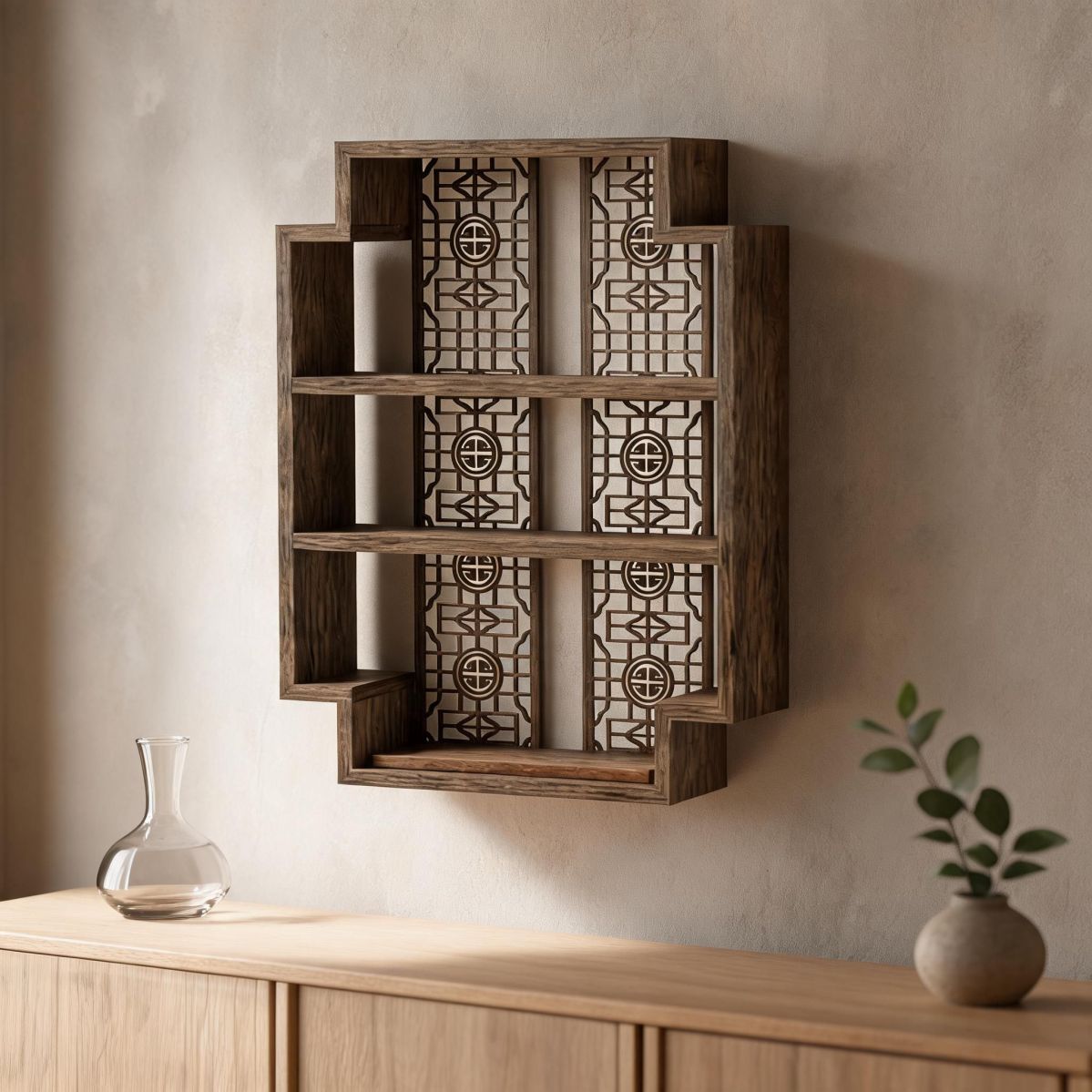 3-Tier Solid Wood Wine Bottle Rack with Open Display Shelves, Decorative Geometric Back, Wall Mount or Tabletop Bar Storage-Tuwine