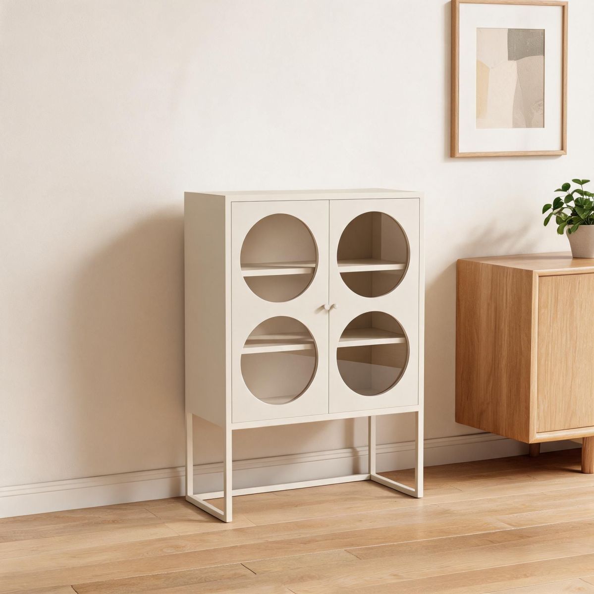 Wine Cabinet with Multi-Circular Glass Doors, 33.5"W x 15.7"D x 47.2"H Freestanding Storage Cabinet, Classic White-Tuwine