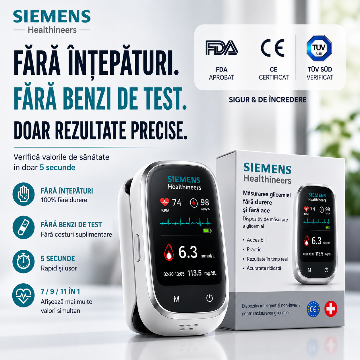 🩸 Siemens™ Dispozitiv 11-în-1 pentru măsurarea glicemiei fără înțepături Fără ace • Fără benzi de testare • Rezultate rapide în doar 5 secunde