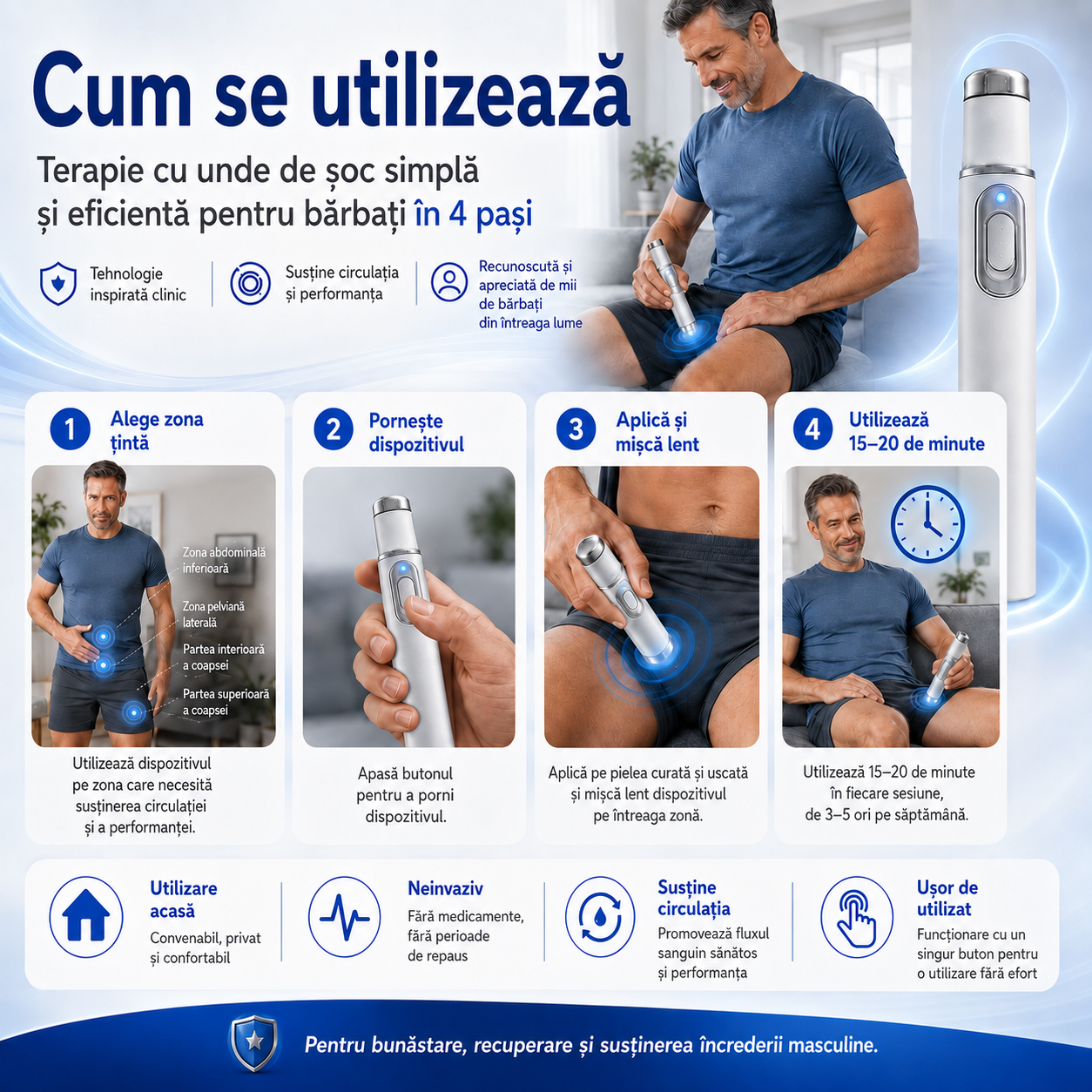 Terapia avansată cu unde de șoc acustice contribuie la refacerea sănătății țesutului penian, îmbunătățește fermitatea erecției, rezistența și încrederea în performanța masculină, ajutând totodată la ameliorarea durerilor musculare, a rigidității articular