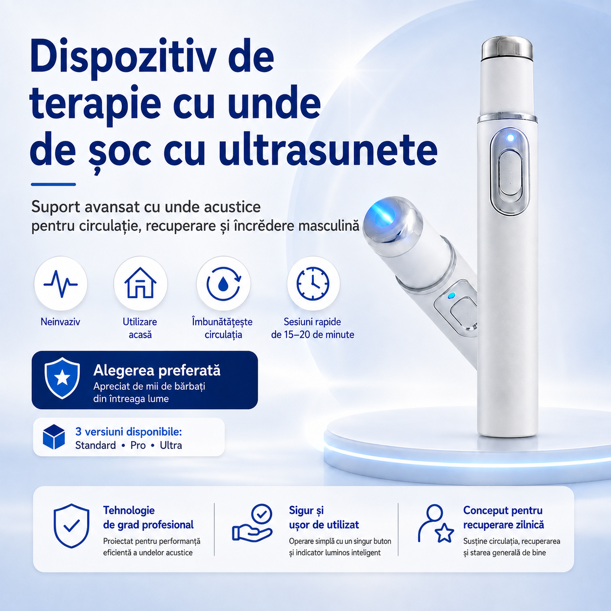 Terapia avansată cu unde de șoc acustice contribuie la refacerea sănătății țesutului penian, îmbunătățește fermitatea erecției, rezistența și încrederea în performanța masculină, ajutând totodată la ameliorarea durerilor musculare, a rigidității articular