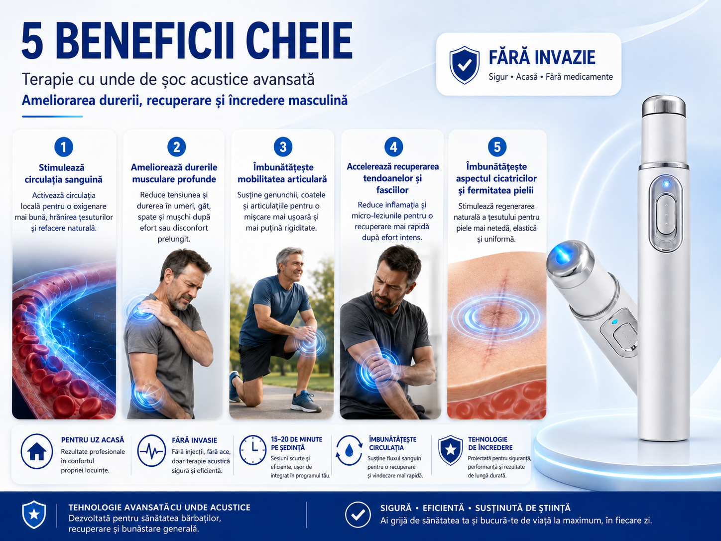 Terapia avansată cu unde de șoc acustice contribuie la refacerea sănătății țesutului penian, îmbunătățește fermitatea erecției, rezistența și încrederea în performanța masculină, ajutând totodată la ameliorarea durerilor musculare, a rigidității articular