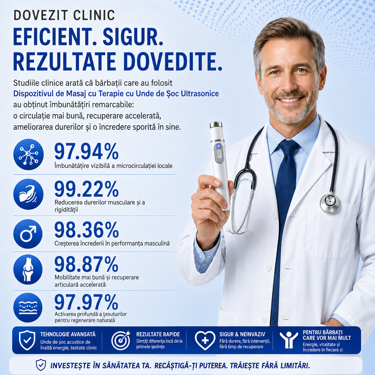 Terapia avansată cu unde de șoc acustice contribuie la refacerea sănătății țesutului penian, îmbunătățește fermitatea erecției, rezistența și încrederea în performanța masculină, ajutând totodată la ameliorarea durerilor musculare, a rigidității articular