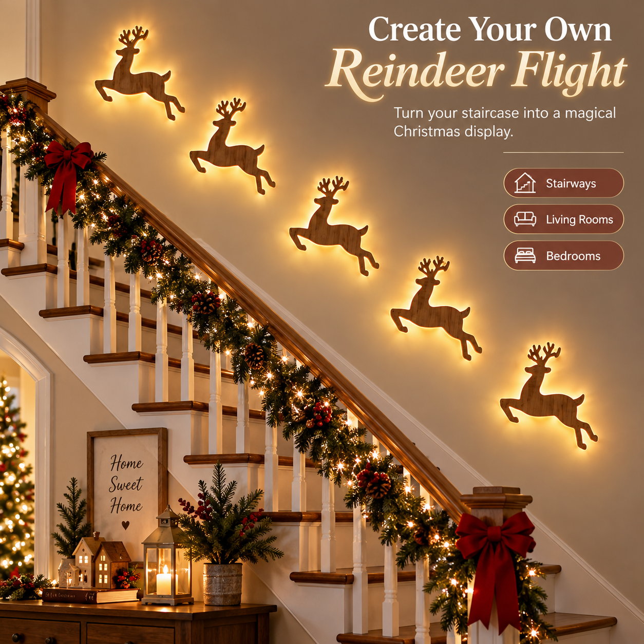 🦌 6-Piece Light-Up Wooden Reindeer Wall Decor Set