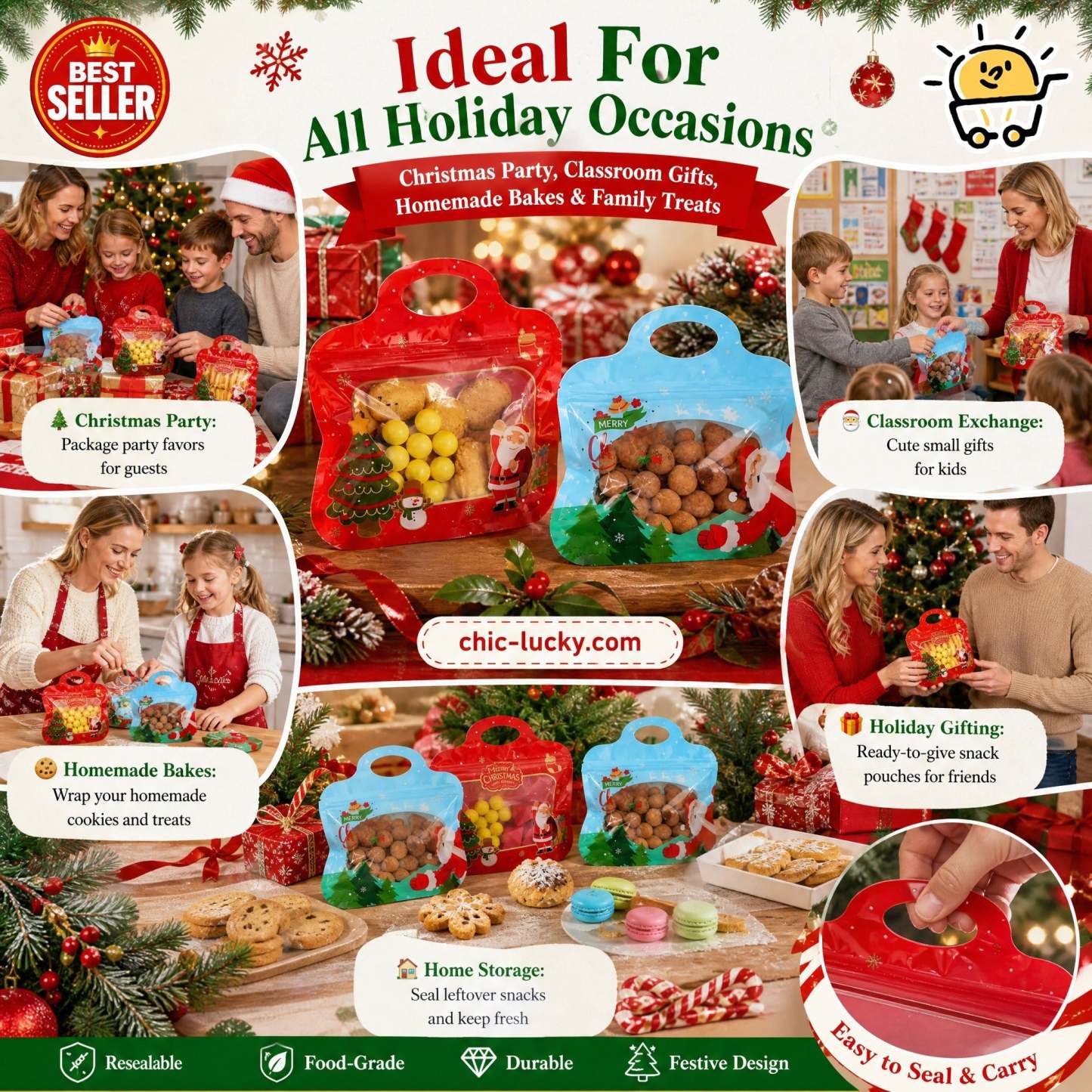 🎅LAST DAY SALE 70% OFF!!🎁Easy Fill, Easy Seal🎄 Festive Self-Seal Treat Bags