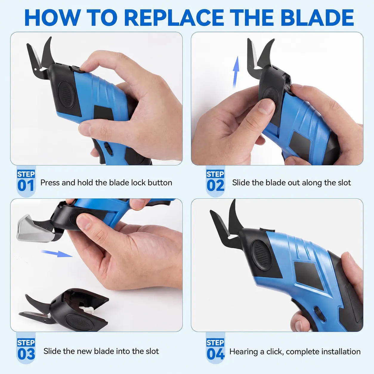 Replaceable blade head on cordless electric scissors